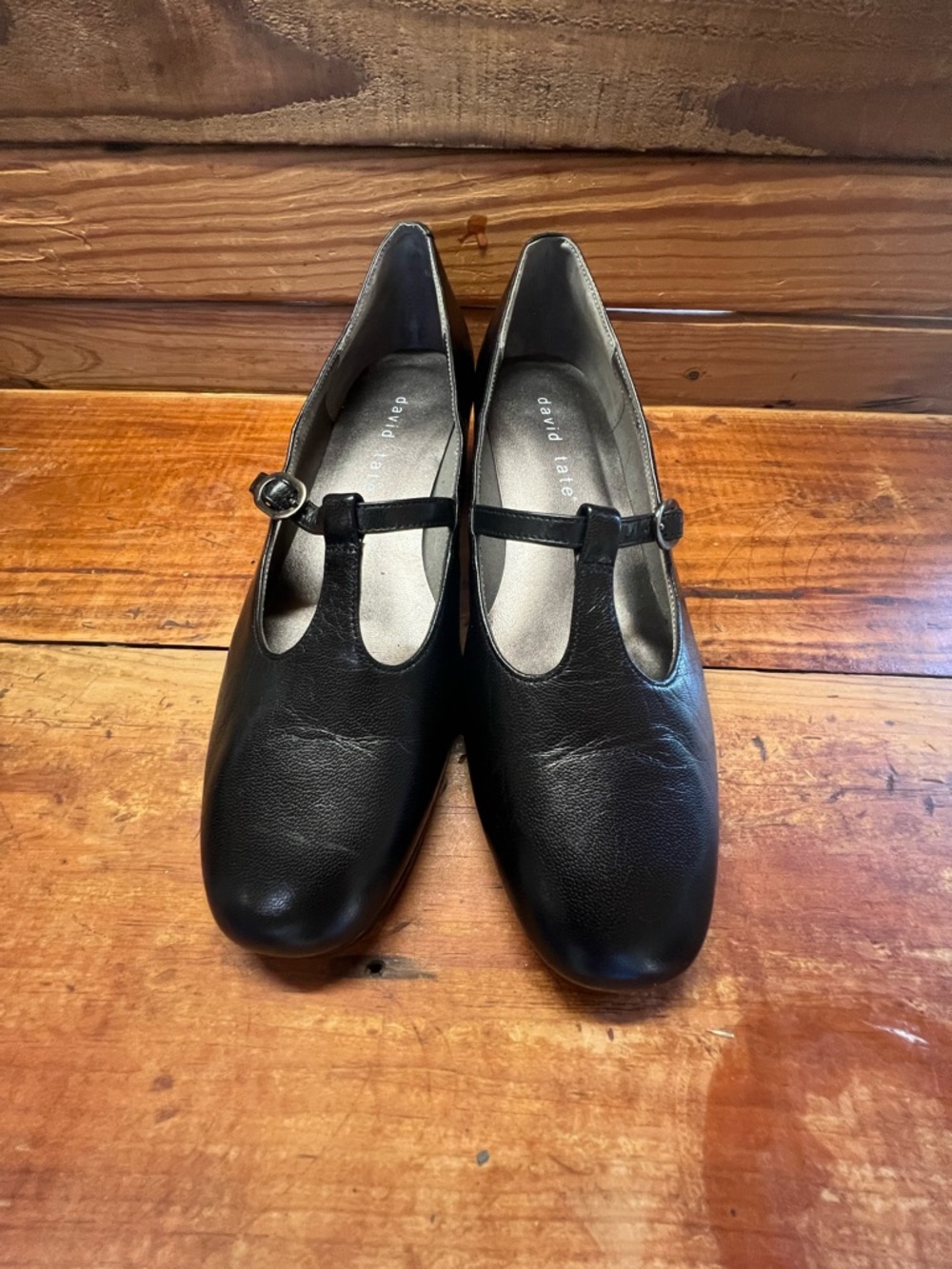 David Tate Black Leather T-Strap Heels